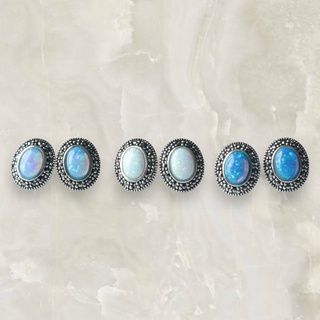 ต่างหูโอปอลล้อมมาร์คาไซต์อาเกต (Opal and Marcasite Agate) ตัวเรือนเงินแท้ 925 Sterling Silver