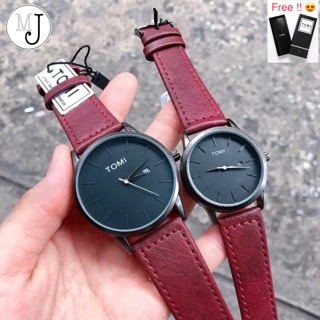 ( ได้2 เรือน ตามรูป ) TOMI WATCH ของแท้ 100% นาฬิกาคู่สายหนัง Sale !!! (Red Black Color)