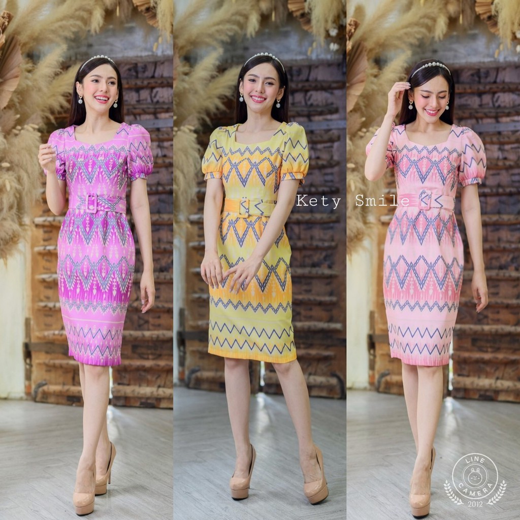 Kety Smile เดรสผ้าไหมญี่ปุ่นลายไทยอัดกาวคอเหลี่ยมแขนตุ๊กตา SPC11