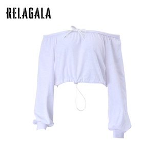 Relagala เสื้อยืด แขนยาว ผูกเชือก สีพื้น เซ็กซี่ แฟชั่นสําหรับผู้หญิง