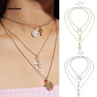 RichS_Multi-layer Goddess Cross Pendant Women Alloy Chain Choker Necklace Jewelry