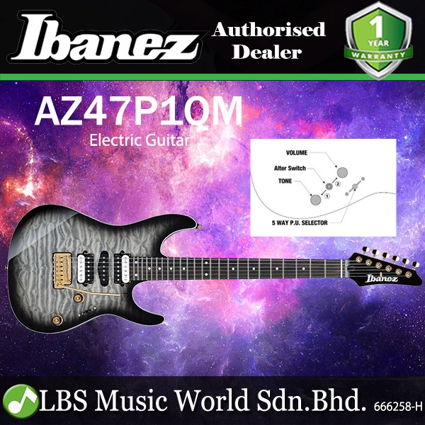 Ibanez AZ47P1QM Basswood กีตาร์ไฟฟ้าด้านบนพร้อม HSH Pickup และ Ebony Fingerboard - Black Ice Burst