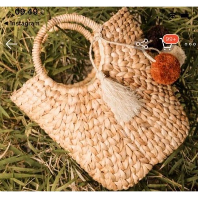 Pompom Cone Water Hyacinth Bag ( ฟรี dusbag