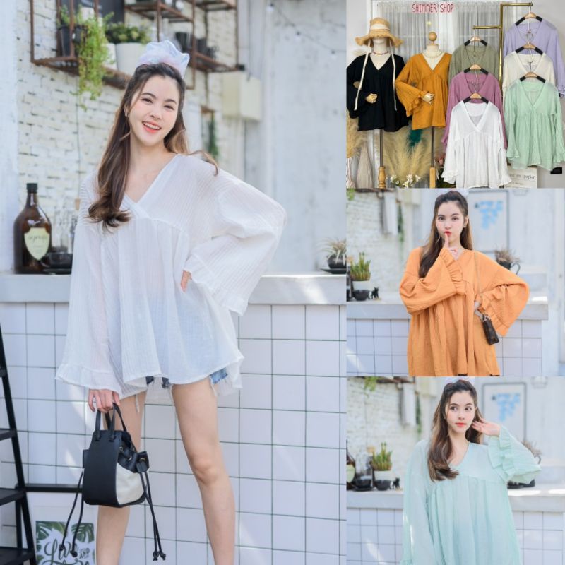 เสื้อเเขนยาวเเต่งทรงเเขนกระดิ่ง​ คอวี​ ทรงสวยมากก​ ผ้าใส่สบายมากก​ อก46"