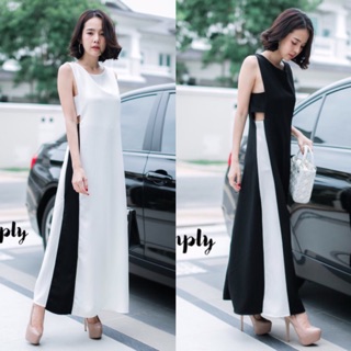 Maxi dress แต่งแถบทูโทน ผ่าข้าง