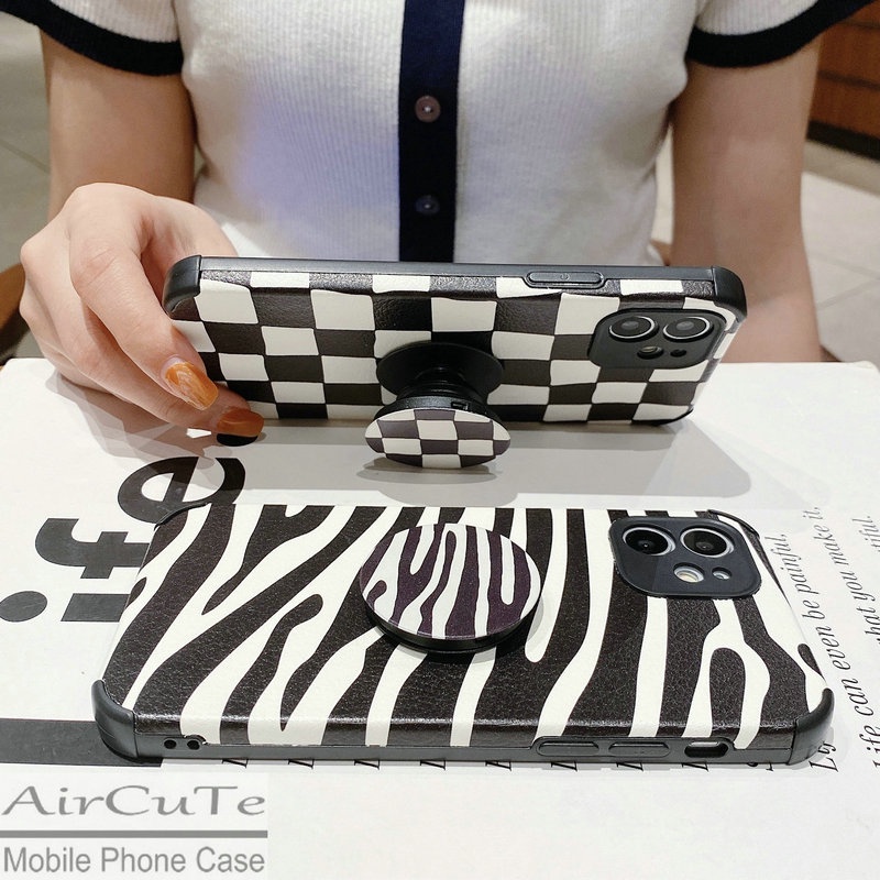เคส OPPO A96 A76 A16 A15 A15S A54 A53 A93 A92 A52 A31 A12 A9 A7 A5 A5S A3S F9 F7 Reno5 4G 5G Reno7 Z Reno 7 7Z Realme 5 5i 2020 2021 2022 Anti-fall Checkerboard Cow Zebra Stripe Soft Case With Stand #8