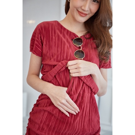 Minirin ชุดคลุมท้อง ชุดให้นม คลุมท้องและให้นมได้ (ใส่ซับในอย่างดี) รุ่น M38 Swiped siding pleat dress ราคา ถูกที่สุด ดีลบีเคเค แกลเลอรีภาพที่ 4