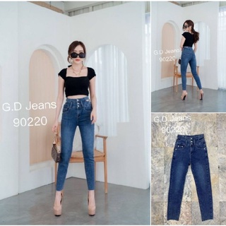 G.D.Jeans รุ่น 90220#กางเกงยีนส์แฟชั่นขายาวผ้ายืดเอวสูงสียีนส์เข้มเล่นดีเทลขอบเอวกระดุมหมุดสามารถปรับระดับได้