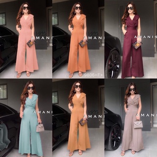 9806 Jumpsuit จั๊มสูท ปกสูท แขนกุด ขายาว Jumpsuit, suit collar, sleeveless, long legs