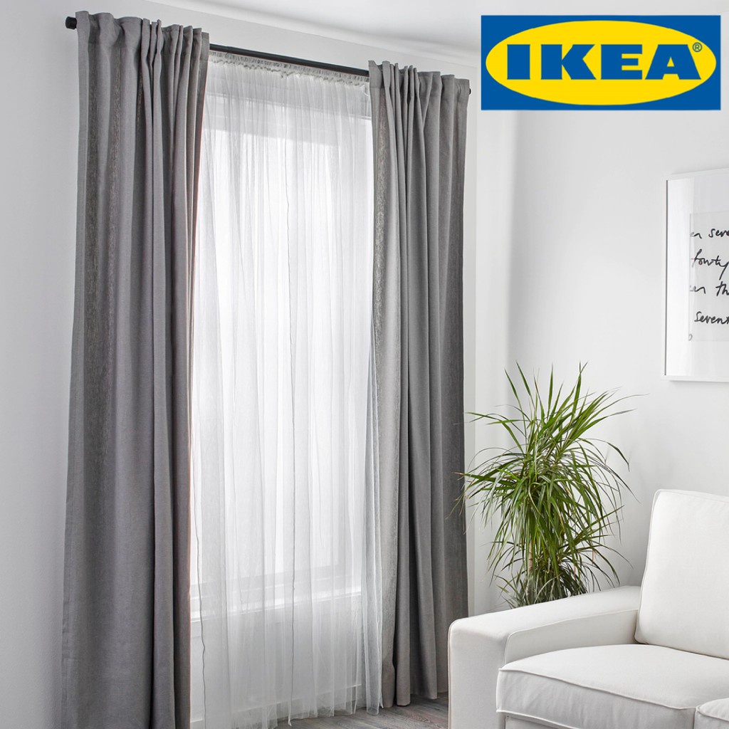 IKEA อิเกีย ได้2ผืน ผ้าม่านโปร่งแสง ม่านกรองแสง ชุดลวดแขวนและผ้าม่านโปรงแสง ม่าน ม่านโปร่งแสงอิเกีย ขารับรางม่าน