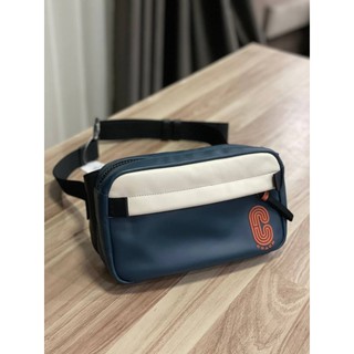 (ผ่อน0%) กระเป๋าคาดอก คาดเอว Coach 89920 - Edge Belt Bag In Colorblock  สีน้ำเงิน หนังแท้