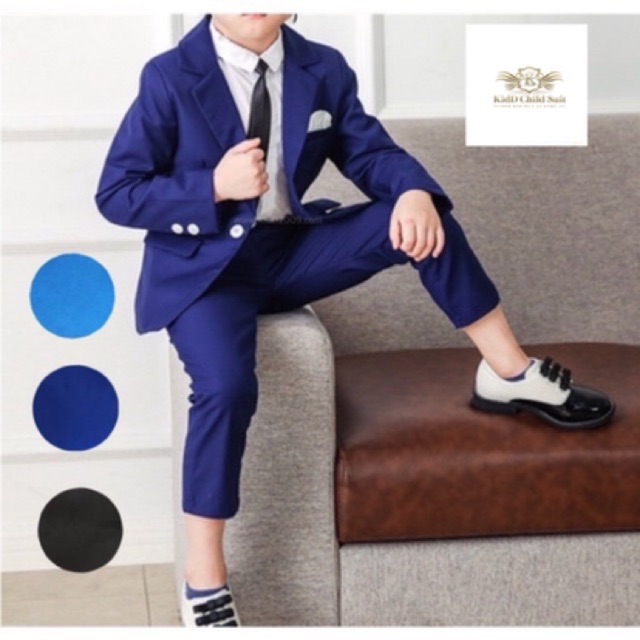 Boy suit สูทเด็ก ชุดออกงาน สีกรมท่า สีฟ้า สีดำ ผ้าเงา เซท 2 ชิ้น ขนาด 90 ถึ 140 (~2 ถึง 10 ปี)