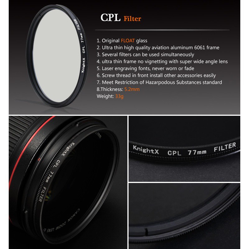 Knightx 2in1 UV CPL เลนส์กรองแสง Polarizer 49มม.52มม.55มม.58มม.62มม.67มม.72มม.77มม.สําหรับ D70