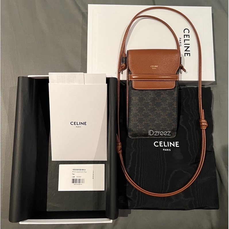 CELINE PHONE POUCH WITH FLAP IN TRIOMPHE CANVAS AND LAMBSKIN [ TAN ] Used like new