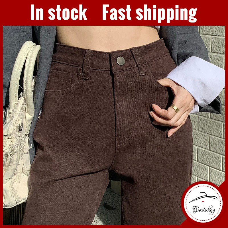 Daduhey💕 กางเกงยีนขายาว เอวสูง ทรงตรง สไตล์เกาหลี สําหรับผู้หญิง (ฟรีเข็มขัด และโพสเร็ว)