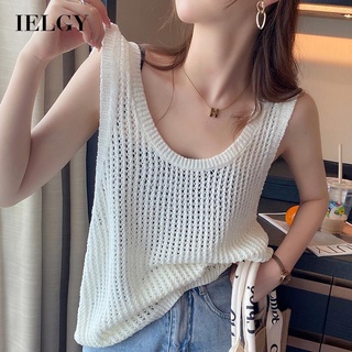 IELGY เสื้อกั๊กฉลุลายผู้หญิงถักแขนกุดด้านบนมีสายรัดไหล่กว้าง