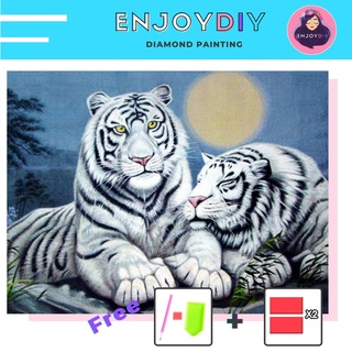 ครอสติสคริสตัล 5d diy diamond painting แบบเม็ด ลาย เสือขาวคู่ ติดเต็ม เม็ดกลม มีประกัน EnjoyDIY พร้อมส่งจากไทย