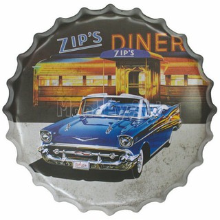 ป้ายสังกะสีวินเทจ Zip’s Dinner with Classic Car (ฝาจีบ)