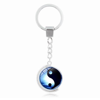 พวงกุญแจหยินหยางสองหน้า Yin Yang Glass Keychain Double Side Rotatable Silver metal key ring key chain Fashion Accessorie