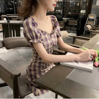 ชุดสก็อต  แขนทรงตุ๊กตา ทรงคอระบาย รุ่น8821  สั้นลายสก๊อต สวมใส่สบาย