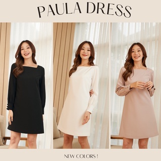 Paula Dress เดรสคอเหลี่ยมแขนยาว แต่งกระดุมปั๊มปลายแขน