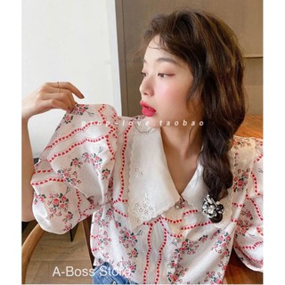 เสื้อคอปกฉลุ ลายดอกไม้ Style Korea มาพร้อมกระดุมมุก ลายพิมพ์ชัด มีซับในเสริม