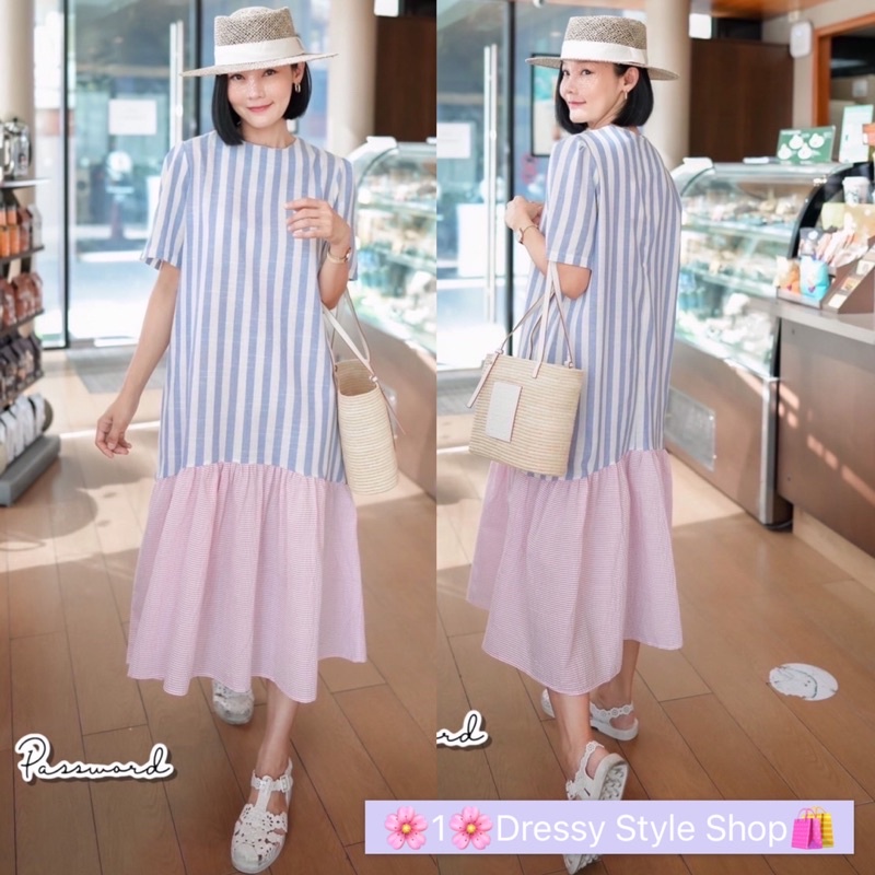 PW501💐 เดรสผ้าคอตตอนลินิน ลายริ้วโทนฟ้าขาว