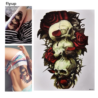 Flyup สติกเกอร์รอยสักชั่วคราว รูปกะโหลก และดอกกุหลาบ กันน้ํา ขนาดใหญ่