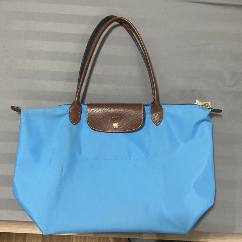 Longchamp shopping bag หูยาว size M สีฟ้า มือสอง