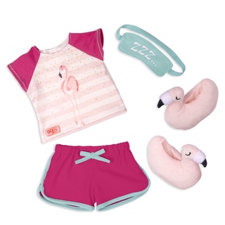 Our Generation -PAJAMA OUTFIT W/SLEEPING MASK &amp; FLAMINGO SLIPPERS (BD30469Z)-ชุดนอนลายฟลามิงโก้ กับผ้าคาดตา และสลิปเปอร์