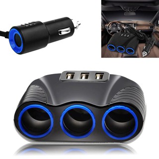 3 Way 12V Car Cigarette Lighter Socket Splitter 3 USB Charger Power Adapter