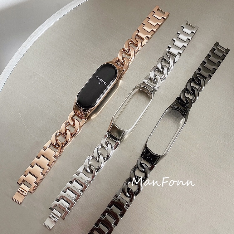 สายโลหะแฟชั่นสําหรับ Mi band 5 6 สายรัดข้อมือสร้อยข้อมือโลหะสแตนเลสสําหรับ Mi Band 4 3 สายคล้องคอสร้