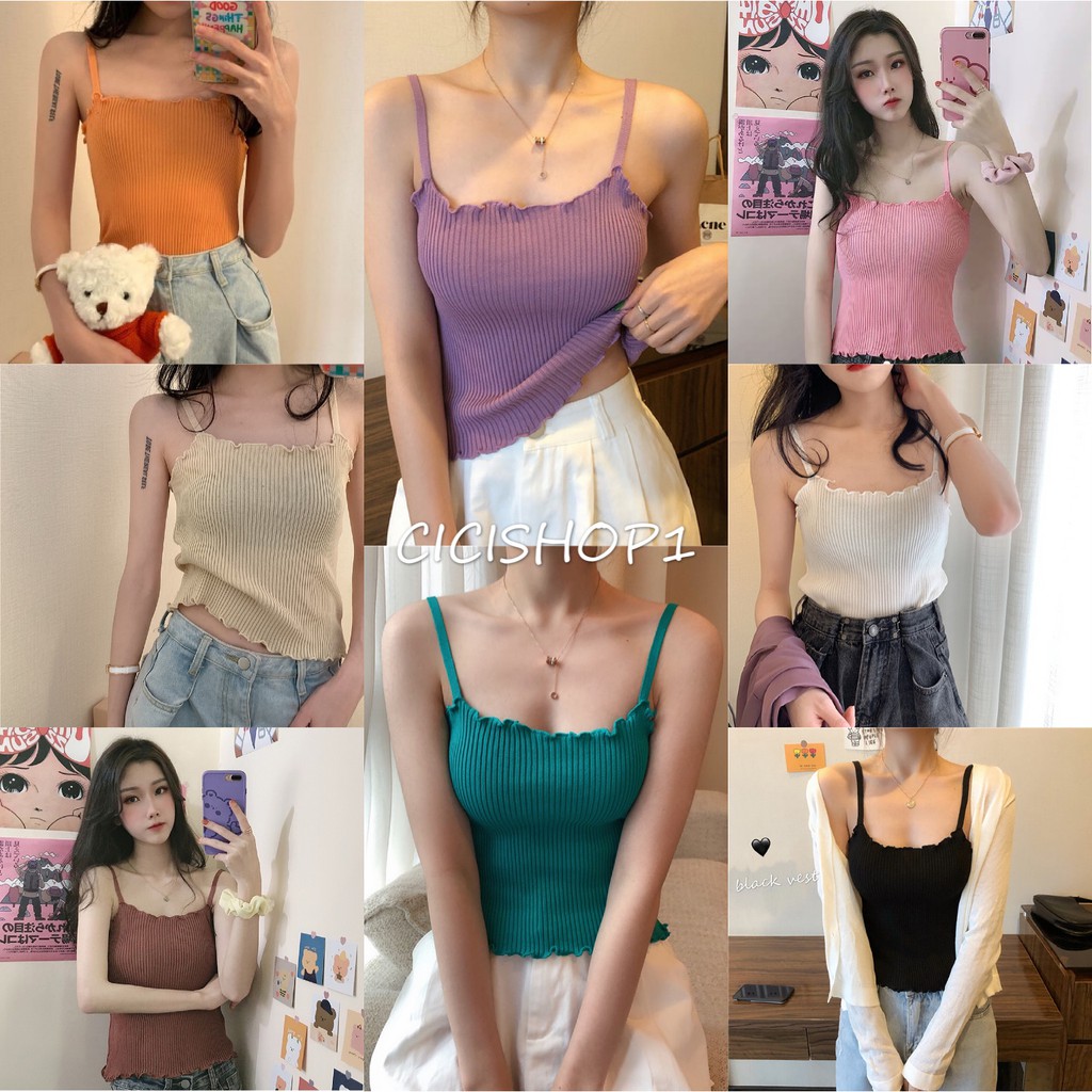 ส่งทันที Cici(พร้อมส่ง)สายเดี่ยวเข้ารูปผ้าไหมพรมแต่งขอบหยักระบาย ใส่แล้วอกสวยมากๆ(9537)