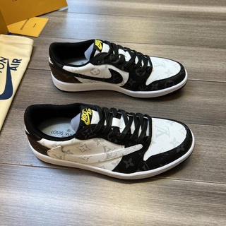 LV Travis Scott xAir Jordan1 LowOG "Reverse Mocha" x Louis Vuitton รองเท้าผ้าใบลําลอง เหมาะกับการเล่นกีฬา บาสเก็ตบอล สไตล์เรโทร สําหรับผู้ชาย และผู้หญิง มีสีดํา สีขาว