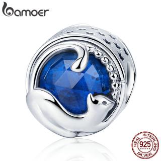 BAMOER 925 Sterling Silver Cat Charm Beads fit Charm Bracelet &amp; Bangles DIY Blue CZ SCC708