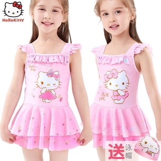 ชุดว่ายน้ำเด็กผู้หญิง hellokitty แห้งเร็วชิ้นเดียววัยกลางคนเด็กนักเรียนกระโปรงเด็กอุปกรณ์ว่ายน้ำน่ารัก