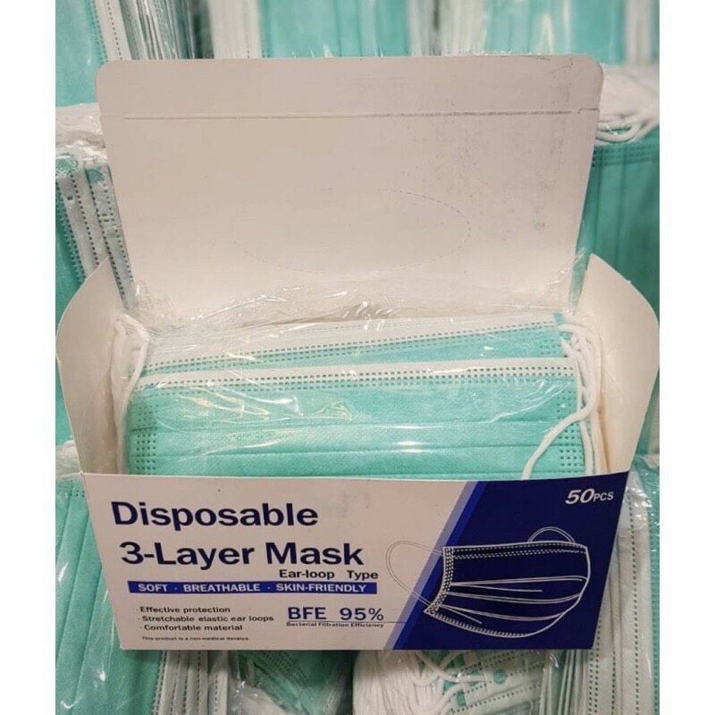 Face Mask หน้ากากอนามัย" สีเขียว "ผ้าปิดจมูกอนามัย( 3 ชั้น) 1 กล่อง / 50ชิ้น (พร้อมส่งในไทย)🔥 แมส+กล่อง