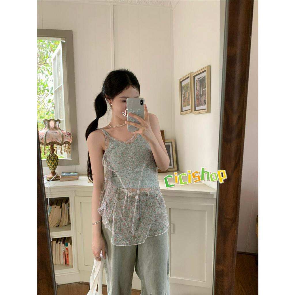 Cicishop(J571)เสื้อกล้าม สองชั้นสุดเก๋ ด้านนอกเป็นผ้าซีทรูลายดอกไม้