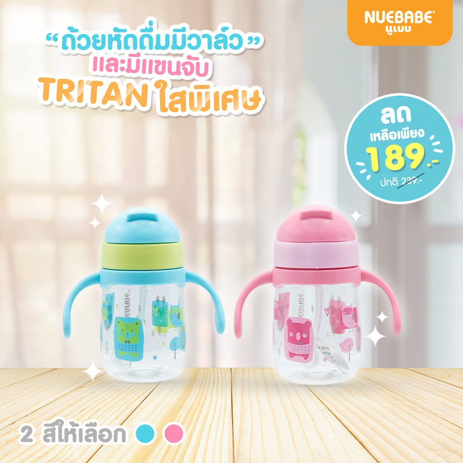 Nuebabe ถ้วยหัดดื่มมีวาล์ว Tritan ขวดใสพิเศษ BA0026 ( มีตัวเลือกสี )