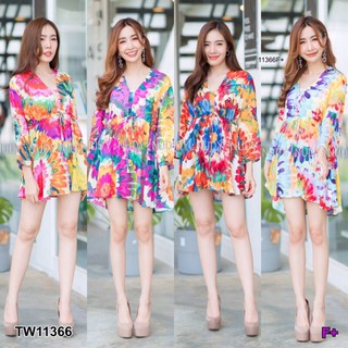 🔥👗Dress เดรสสั้นคอวีโอเวอร์ไซส์ แขนยาว เนื้อผ้าสปันลายมัดย้อม