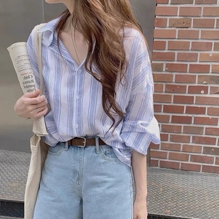 Somedays_closet l🌷พร้อมส่ง🌷Poca shirts เสื้อเชิ้ตแขนยาวลายทางสไตล์เกาหลี