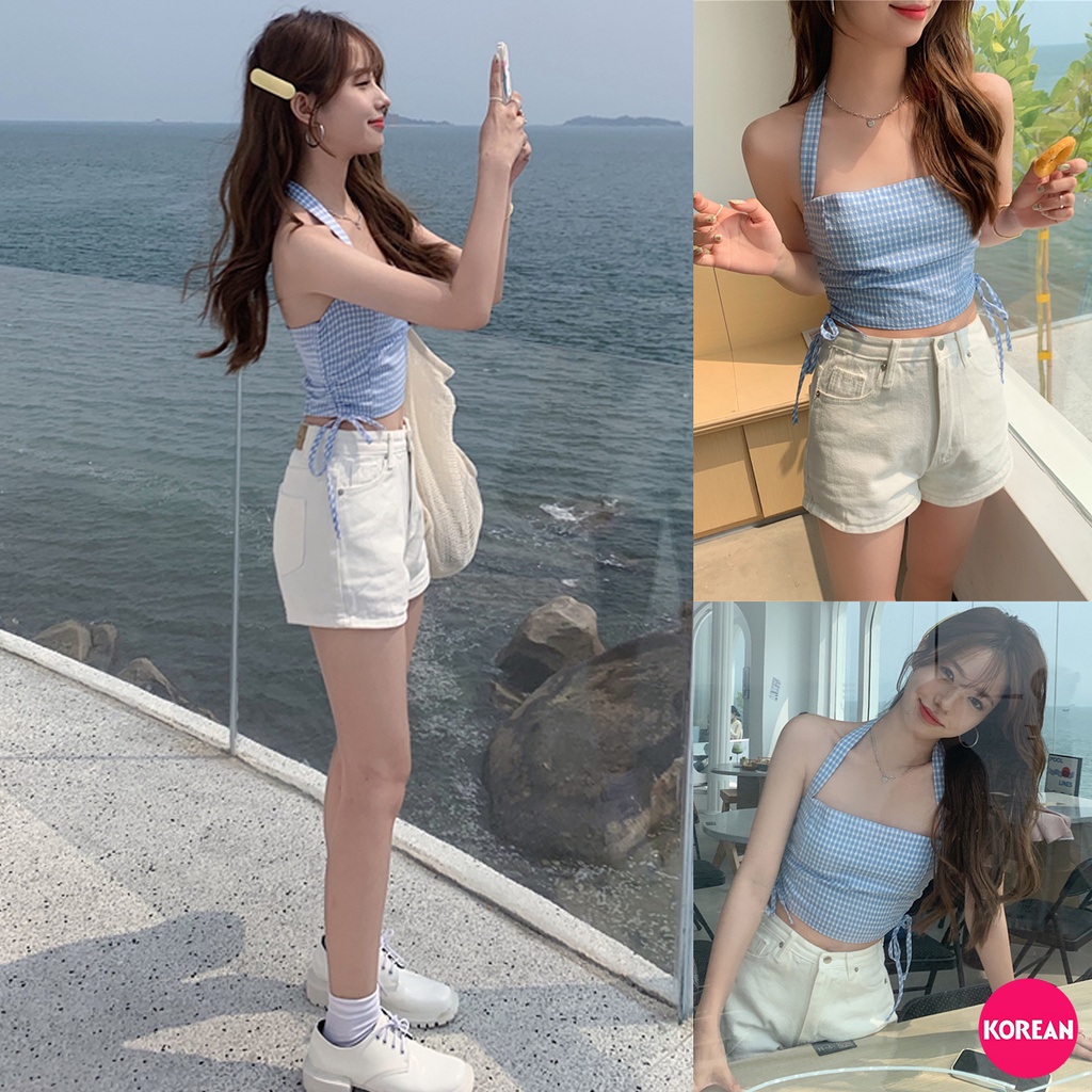 Korean Fashion เสื้อครอปสายผูกคล้องคอ ลายสก็อต โชว์หลัง 3 สี