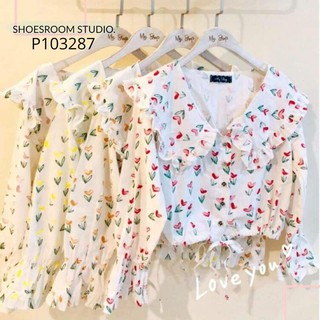 P103287 เสื้อครอปแฟชั่นผ้าคอตตอลลินินพิมพ์ลาย