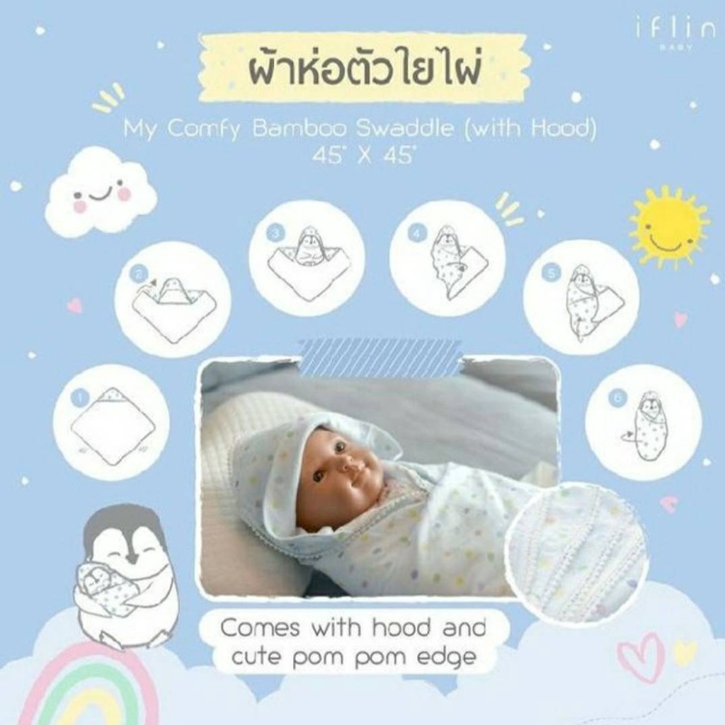 iflin Baby - ผ้าห่อตัวใยไผ่ (มี 2 แบบ: แบบ ใยไผ่ มี Hood, แบบ Tencel ไม่มี Hood)(จำนวน 1ผืน) Baby Swaddle