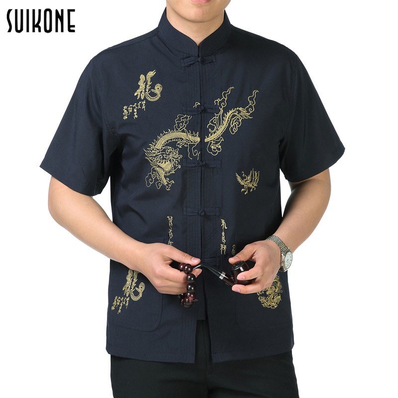 Suikone เสื้อเชิ้ตแขนสั้นผู้ชาย ดีไซน์สไตล์จีน ศิลปะการต่อสู้ เทศกาลตรุษจีน สำหรับผู้สูงอายุ