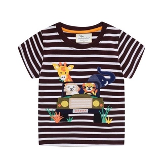 T154 T-shrit ลายทางสีน้ำตาล ปักเพื่อนสัตว์ เสื้อผ้าเด็ก