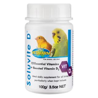 Vetafarm Soluvite D วิตามินรวม 12ชนิด + Vitamin D3 สำหรับนกที่เลี้ยงในร่ม (100g)