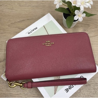 🎀 (สด-ผ่อน) กระเป๋าสตางค์ซิปรอบ มีสายคล้อง สี Rouge COACH 6637 CONTINENTAL WALLET