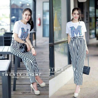 TW12631 Set 2 ชิ้น เสื้อยืดแขนสั้นสกรีนอก + กางเกงลายริ้วผูกเอว