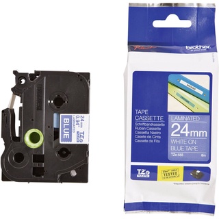 BROTHER TZE TAPE TZE555  TZ-TAPE WHITE ON BLUE 24mm.  Model : TZE555